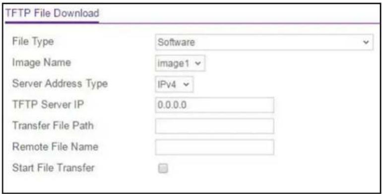 TFTP File Download File Type Software Image Name himage1 Server Address Type IPv4 TFTP Server IP 0.0.0.0 Transfer File Path Remote File Name Start File Transfer □