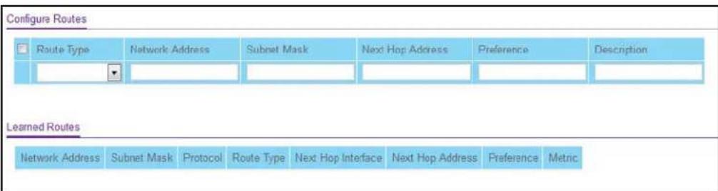 Configure Routes Route Type Network Address Subnet Mask Next Hop Address Preference Description Learned Routes Network Address Subnet Mask Protocol Route Type Next Hop Interface Next Hop Address Preference Metric