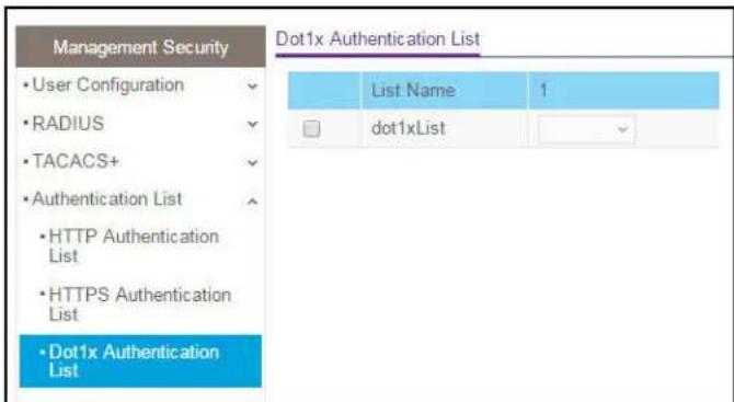 Management Security • User Configuration • RADIUS • TACACS+ • Authentication List • HTTP Authentication List • HTTPS Authentication List • Dot1x Authentication List Dot1x Authentication List List Name 1 □ dot1xList
