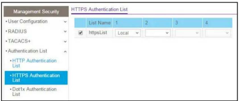 Management Security User Configuration RADIUS TACACS+ Authentication List HTTP Authentication List HTTPS Authentication List Dot1x Authentication List HTTPS Authentication List List Name 1 2 3 4 httpsList Local