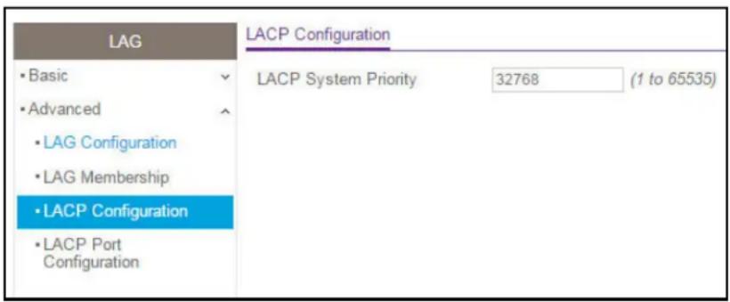 LAG • Basic • Advanced • LAG Configuration • LAG Membership • LACP Configuration • LACP Port Configuration LACP Configuration LACP System Priority 32768 (1 to 65535)
