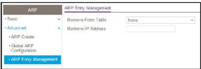 ARP • Basic • Advanced • ARP Create • Global ARP Configuration • ARP Entry Management ARP Entry Management Remove From Table None Remove IP Address