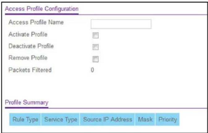 Access Profile Configuration Access Profile Name Activate Profile Deactivate Profile Remove Profile Packets Filtered 0 Profile Summary Rule Type Service Type Source IP Address Mask Priority