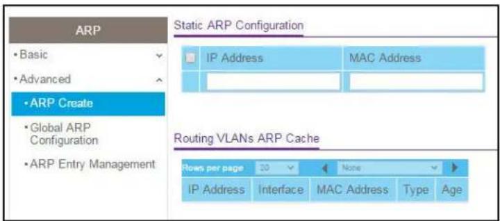 ARP • Basic • Advanced • ARP Create • Global ARP Configuration • ARP Entry Management Static ARP Configuration IP Address MAC Address Routing VLANs ARP Cache Rows per page 20 None IP Address Interface MAC Address Type Age