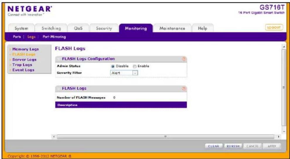 NETGEAR® Connect with Innovation® GS716T 16 Port Gigabit Smart Switch System Switching QoS Security Monitoring Maintenance Help Ports | Logs | Port Mirroring Memory Logs FLASH Logs Server Logs Trap Logs Event Logs FLASH Logs FLASH Logs Configuration Admin Status Dizable Enable Severity Filter Alert FLASH Logs Number of FLASH Messages 0 Description Copyright © 1996-2012 NETGEAR ®