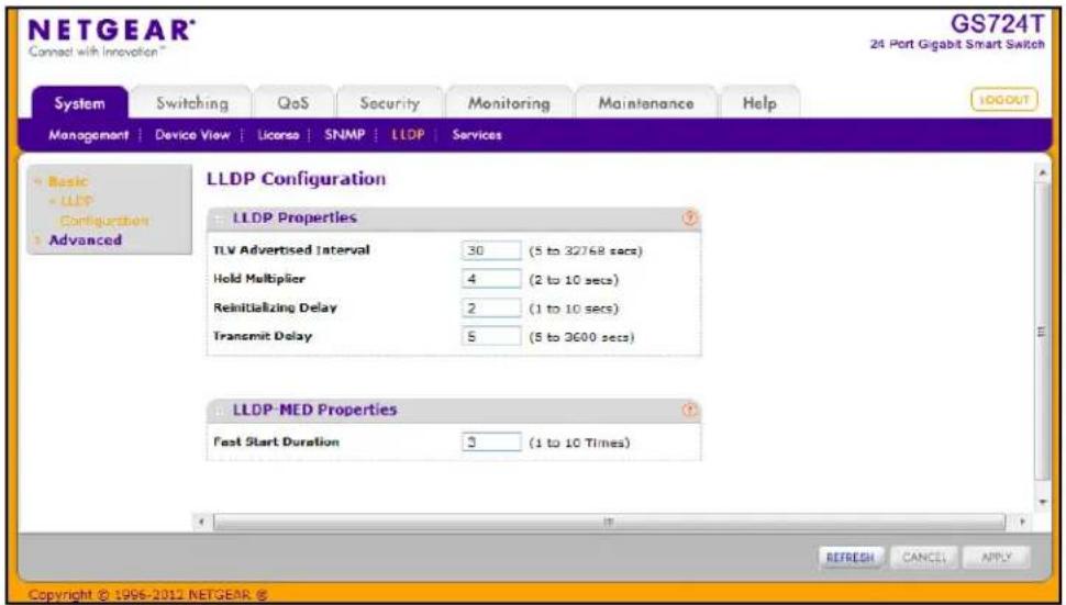 NETGEAR® Connect with Innovation™ GS724T 24 Port Gigabit Smart Switch System Switching QoS Security Monitoring Maintenance Help MANAGEMENT Device View License SNMP LUDP Services LOGOUT Basic LLDP Configuration Advanced LLDP Configuration LLDP Properties TLV Advertised Interval 30 (5 to 32768 secs) Hold Multiplier 4 (2 to 10 secs) Reinitializing Delay 2 (1 to 10 secs) Transmit Delay 5 (5 to 3600 secs) LLDP MED Properties Fast Start Duration 3 (1 to 10 Times) REFRESH CANCEL APPLY Copyright © 1996-2012 NETGEAR ®