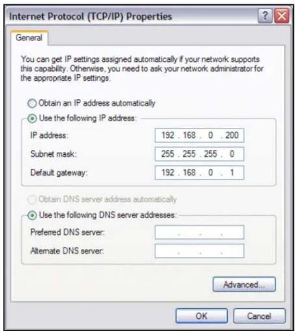 Internet Protocol (TCP/IP) Properties General You can get IP settings assigned automatically if your network supports this capability. Otherwise, you need to ask your network administrator for the appropriate IP settings. Obtain an IP address automatically Use the following IP address: IP address: 192 . 168 . 0 . 200 Subnet mask: 255 . 255 . 255 . 0 Default gateway: 192 . 168 . 0 . 1 Obtain DNS server address automatically Use the following DNS server addresses: Preferred DNS server: . Alternate DNS server: . Advanced... OK Cancel