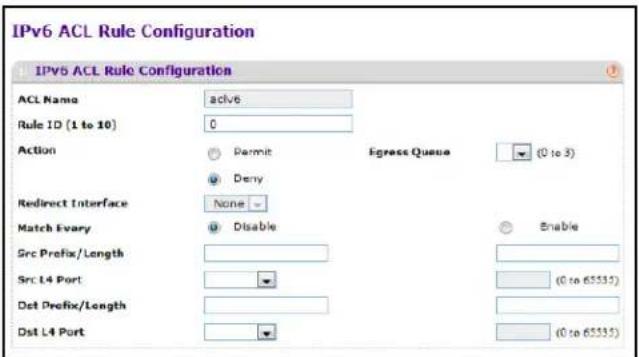 IPv6 ACL Rule Configuration IPv6 ACL Rule Configuration ACL Name active Rule ID (1 to 10) 0 Action Permit Egress Queue (0 to 3) Deny Redirect Interface None Match Every Disable Enable Src Prefix/Length Src L4 Port (0 to 65535) Dot Prefix/Length Dst L4 Port (0 to 65535)