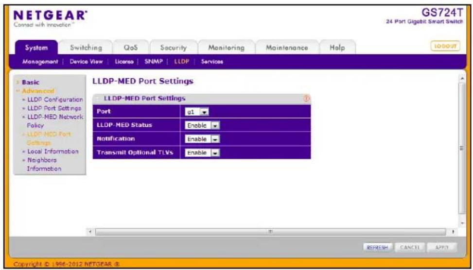NETGEAR® Connect with innovation™ GS724T 24 Port Gigabit Smart Switch System Switching QoS Security Monitoring Maintenance Help MANAGEMENT | Device View | License | SNMP | LLDP | Services LOGOUT Basic Advanced LLDP Configuration LLDP Port Settings LLDP-MED Network Policy LLDP-MED Port Settings Local Information Neighbors Information LLDP-MED Port Settings LLDP-MED Port Settings Port q1 LLDP-MED Status Enable Notification Enable Transmit Optional TLVs Enable REFRESH CANCEL APPY Copyright © 1986-2012 NETGEAR @
