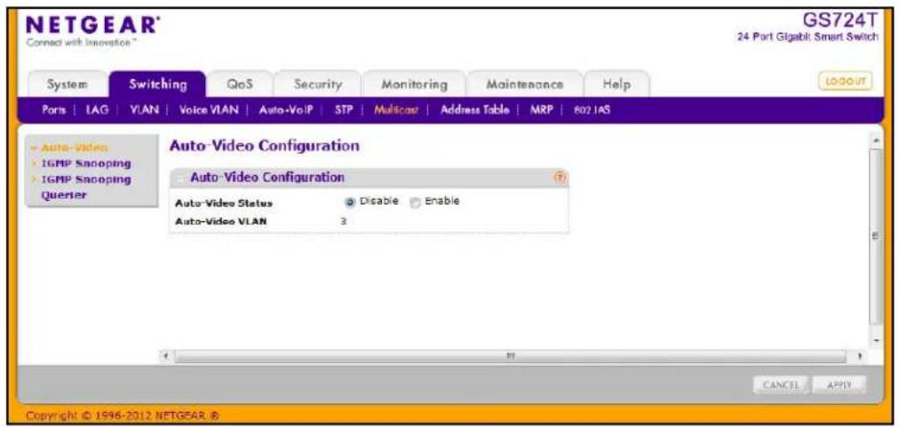 NETGEAR® Connect with Innovation™ GS724T 24 Port Gigabit: Smart Switch System Switching QoS Security Monitoring Maintenance Help Ports LAG VLAN�Voice VLAN Auto-VolP STP Multiscor Address Table MRP 802 IAS Auto-Video IGMP Snooping IGMP Snooping Querier Auto-Video Configuration Auto-Video Configuration Auto-Video Status Disable Enable Auto-Video VLAN 3 Copyright © 1996-2012.NETGEAR.©