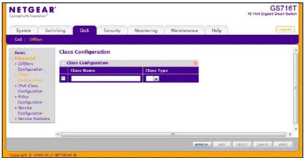 NETGEAR® GS716T 16 Port Gigabit Smart Switch System Switching QoS Security Monitoring Maintenance Help CoS DiRServ Class Configuration Class Configuration Class Name Class Type Basic Advanced DiffServ Configuration Class Configuration TPv6 Class Configuration Policy Configuration Service Configuration Service Statistics REFRESH ADO DELETE CANCEL APPLY Copyright © 1995-2012 NETGEAR ID