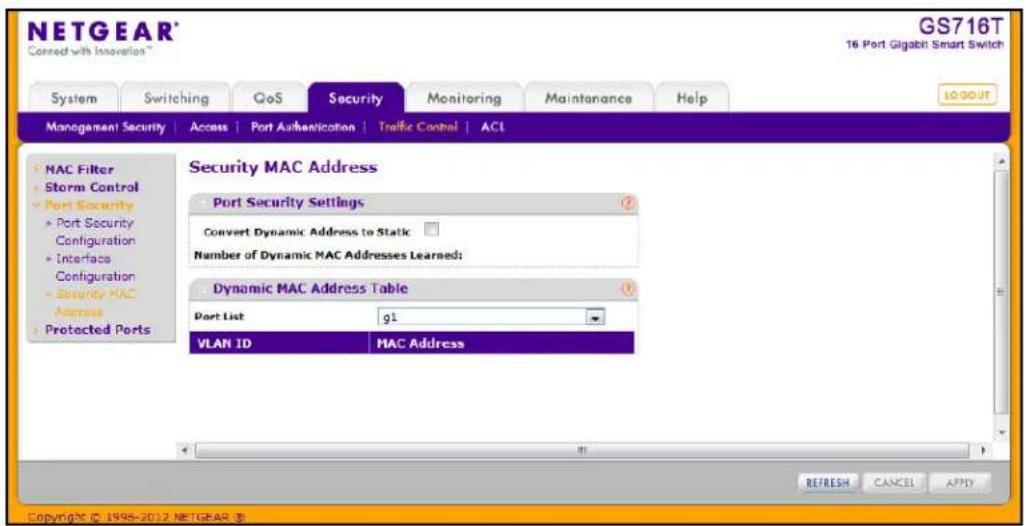 NETGEAR® Connect with Innovation™ GS716T 16 Port Gigabit Smart Switch System Switching QoS Security Monitoring Maintenance Help MANAGEMENT SECURITY Access Port Authentication Traffic Control ACL MAC Filter Storm Control Port Security Port Security Configuration Interface Configuration Security MAC Address Protected Ports Security MAC Address Port Security Settings Convert Dynamic Address to Static Number of Dynamic MAC Addresses Learned: Dynamic MAC Address Table Port List 91 VLAN ID MAC Address REFRESH CANCEL APPLY Copyright © 1998-2012 NETGEAR ®