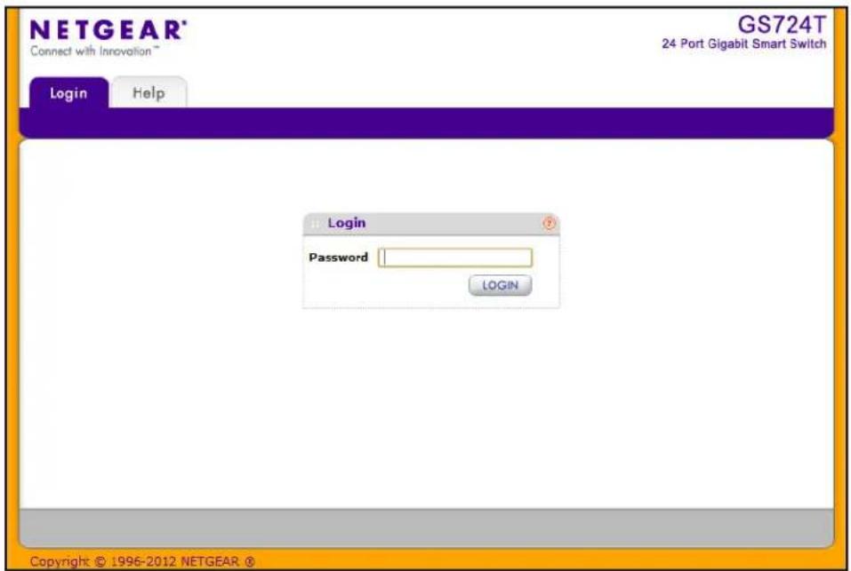 NETGEAR® Connect with Innovation™ GS724T 24 Port Gigabit Smart Switch Login Help Login Password LOGIN Copyright © 1996-2012 NETGEAR ®