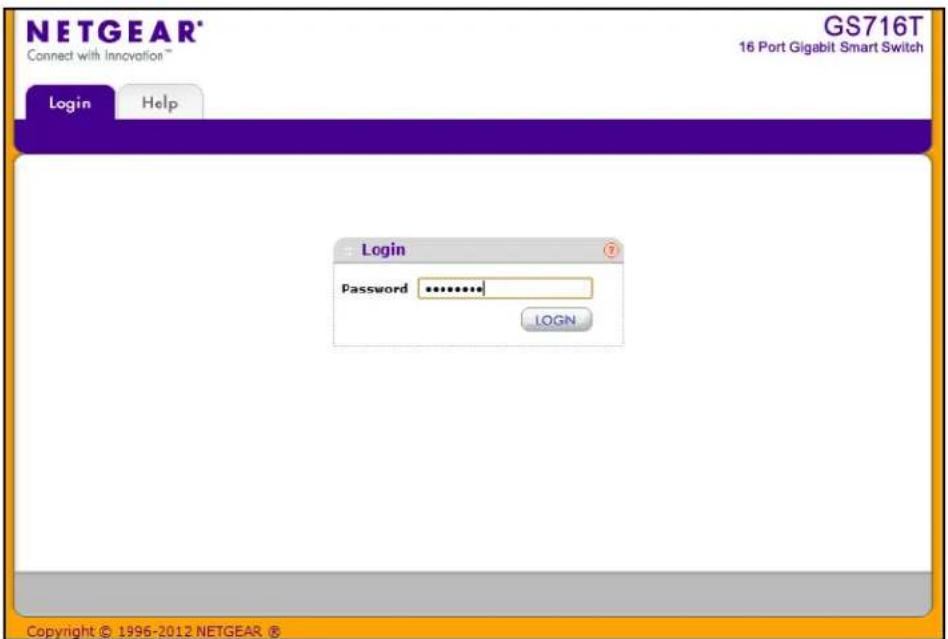 NETGEAR® Connect with Innovation™ GS716T 16 Port Gigabit Smart Switch Login Help Login Password LogN Copyright © 1996-2012 NETGEAR ®