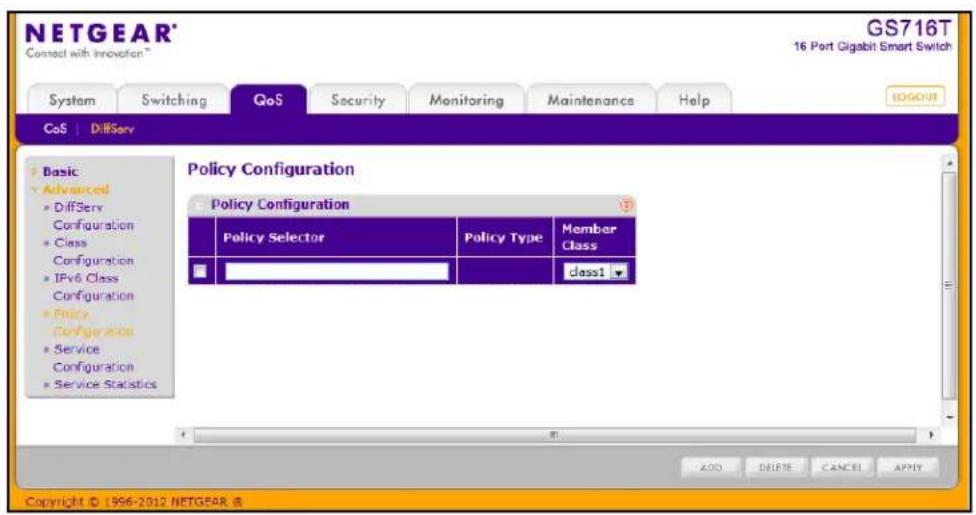 NETGEAR® GS716T 16 Port Gigabit Smart Switch System Switching QoS Security Monitoring Maintenance Help CoS DiFServ Policy Configuration Policy Configuration Policy Selector Policy Type Member Class Class1 Basic Advanced DiffServ Configuration Class Configuration IPv6 Class Configuration Policy Configurations Service Configuration Service Statistics ADD Delete CANCEL APPLY Copyright © 1996-2012 NETGEAR @