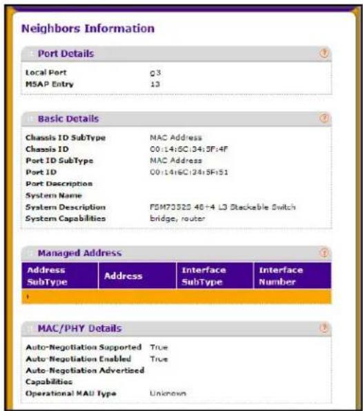 Neighbors Information Port Details Local Port Q3 MSAP Entry 13 Basic Details Chassis ID SubType MAC Address Chassis ID C0:14+SC:34+SF:4F Port ID SubType MAC Address Port ID C0:14+SC:24+SF:S1 Port Description System Name System Description FSM70325 46+4 L3 Stackable Switch System Capabilities bridge, router Managed Address Address Interface Interface SubType SubType Number MAC/PHY Details Auto-Negotiation Supported True Auto-Negotiation Enabled True Auto-Negotiation Advertized Capabilities Operational MAU Type Unknown