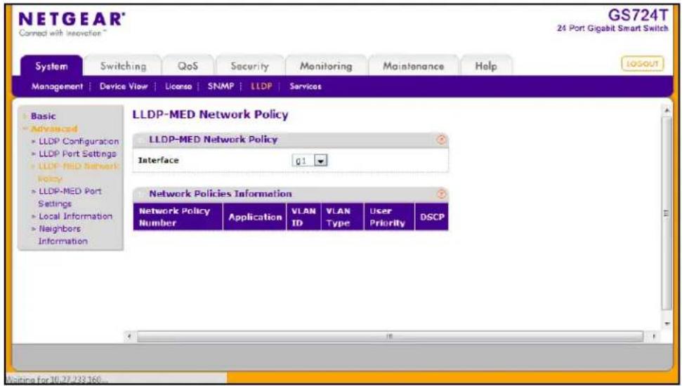 NETGEAR® Connected with Inovaetian™ GS724T 24 Port Gigabit Smart Switch System Switching QoS Security Monitoring Maintenance Help MANAGEMENT | Device View | License | SNMP | LLDP | Services LOGOUT Basic Advanced LLDP Configuration LLDP Port Settings LLDP MED Network Policy LLDP-MED Port Settings Local Information Neighbors Information LLDP-MED Network Policy Interface 01 Network Policies Information Network Policy Number Application VLAN ID VLAN Type User Priority DSCP Waiting for 10.27.23.160...