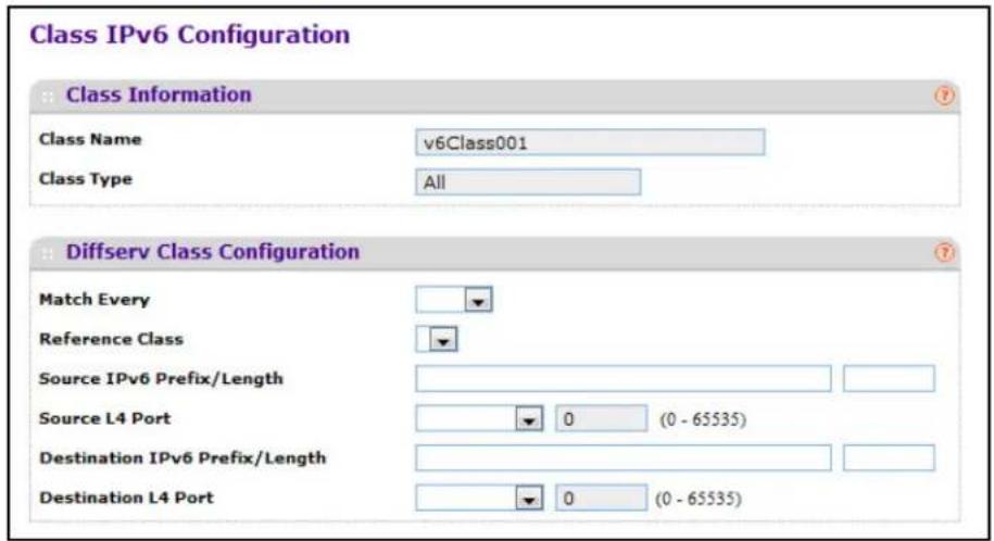 Class IPv6 Configuration Class Information Class Name v6Class001 Class Type All Diffserv Class Configuration Match Every Reference Class Source IPv6 Prefix/Length Source L4 Port 0 (0 - 65535) Destination IPv6 Prefix/Length Destination L4 Port 0 (0 - 65535)