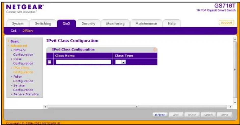 NETGEAR® GS716T 16 Port Gigabit Smart Switch System Switching QoS Security Monitoring Maintenance Help CoS | DiffServ Basic Advanced DiffServ Configuration Class Configuration IPv6 Class Configuration Policy Configuration Service Configuration Service Statistics IPv6 Class Configuration Class Name Class Type REFRESH ACD DETER CANCEL APPLY Copyright © 1996-2017 NETGEAR®