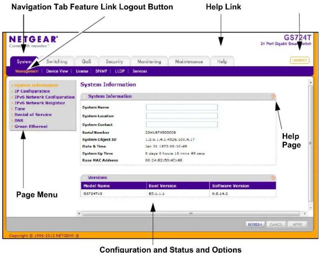 Navigation Tab Feature Link Logout Button Help Link NETGEAR® Connect with Innovation™ GS724T 24 Port Gigabit Smart Switch System Information System Information System Name System Location System Contact Serial Number 23H1974500008 System Object ID 1.3.5.1.4.1.4326.100.4.17 Date & Time Jan 01 1970 00:10:49 System Up Time 0 days 0 hours 10 mins 43 secs Base MAC Address 00:24:B2:50:4D:4B Page Menu Versions Model Name Boot Version Software Version GS724Tv3 B5.1.1.1 N.E.14.2 REFRESH CANCEL APPLY Copyright © 1996-2012 NETGEAR ® Configuration and Status and Options