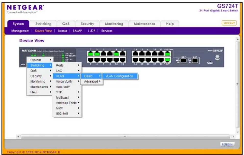 NETGEAR® GS724T 24 Port Gigabit Smart Switch System Switching QoS Security Monitoring Maintenance Help GOOUT MANAGEMENT | Device View | License | SNMP | LLDP | Services Device View NETGEAR® Switching Ports LAG VLAN Basic Advanced VLAN Configuration 1 3 5 7 9 11 13 15 17 19 21 23F 2 4 6 8 10 12 14 16 18 20 22 24F 3 4 6 8 9 10 12 14 16 18 20 22 24F SOS 20F - 24F REFRESH Copyright © 1999-2012 NETGEAR ®