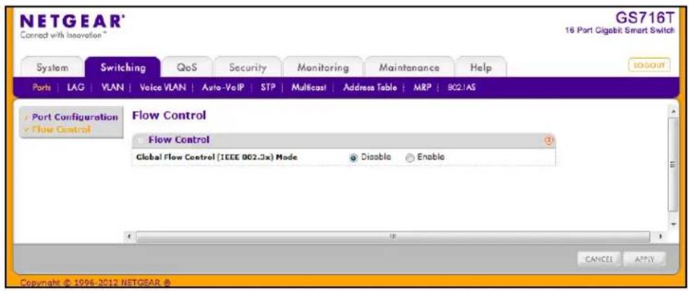 NETGEAR® Connect with Innovation™ GS716T 16 Port Gigabit: Smart Switch System Switching QoS Security Monitoring Maintenance Help PORT LAG VLAN Voice VLAN Auto-VoIP STP Multicast Address Table MRP 902.1AS Port Configuration Flow Control Global Flow Control (IEEE 802.3x) Mode Disable Enable CANCE APPLY Copyright © 1996-2012 NETGEAR ©