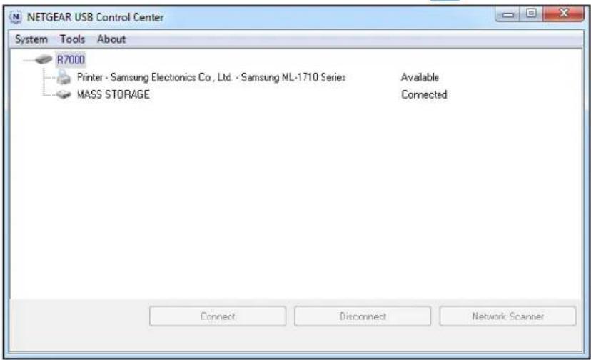 NETGEAR USB Control Center System Tools About R7000 Printer - Samsung Electronics Co., Ltd. - Samsung NL-1710 Series MASS STORAGE Available Connected Connect Disconnect Network Scanner