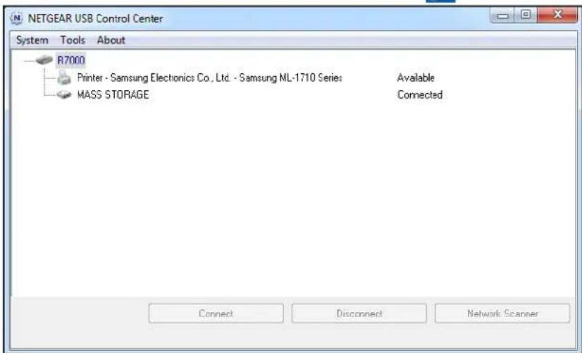 NETGEAR USB Control Center System Tools About R7000 Printer - Samsung Electronics Co., Ltd. - Samsung NL-1710 Series Available MASS STORAGE Connected Connect Disconnect Network Scanner