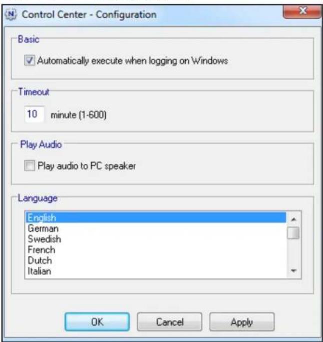 Control Center - Configuration Basic ✓ Automatically execute when logging on Windows Timeout 10 minute (1-600) Play Audio □ Play audio to PC speaker Language English German Swedish French Dutch Italian OK Cancel Apply