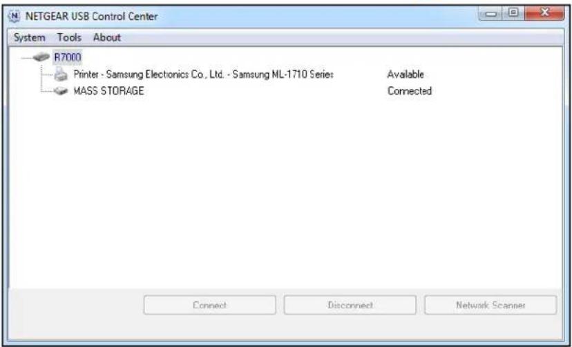 NETGEAR USB Control Center System Tools About R7000 Printer - Samsung Electronics Co., Ltd. - Samsung NL-1710 Series MASS STORAGE Available Connected Connect Disconnect Network Scanner