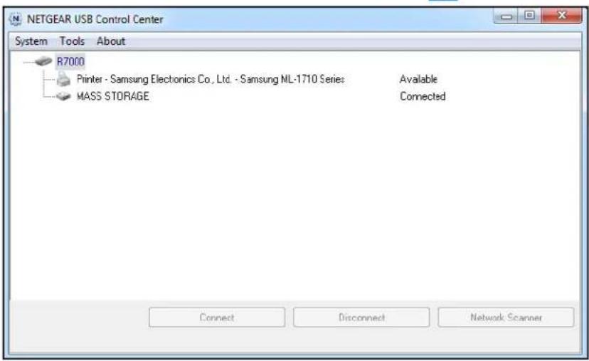 NETGEAR USB Control Center System Tools About R7000 Printer - Samsung Electronics Co., Ltd. - Samsung ML-1710 Series MASS STORAGE Available Connected Connect Disconnect Network Scanner