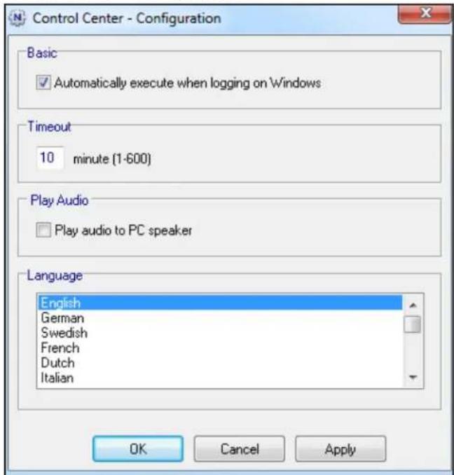Control Center - Configuration Basic ✓ Automatically execute when logging on Windows Timeout 10 minute (1-600) Play Audio □ Play audio to PC speaker Language English German Swedish French Dutch Italian OK Cancel Apply