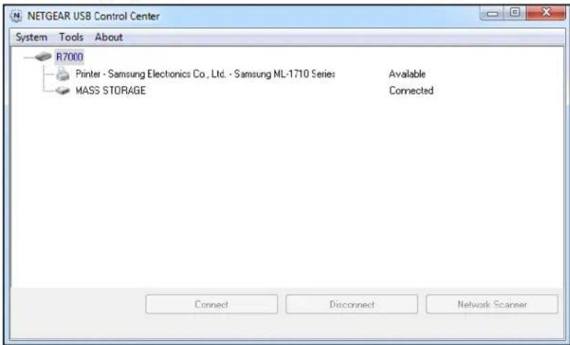 NETGEAR USB Control Center System Tools About R7000 Printer - Samsung Electronics Co., Ltd. - Samsung ML-1710 Series Available MASS STORAGE Connected Connect Disconnect Network Scanner