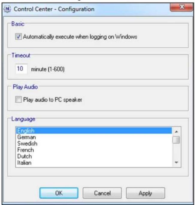 Control Center - Configuration Basic ✓ Automatically execute when logging on Windows Timeout 10 minute (1-600) Play Audio □ Play audio to PC speaker Language English German Swedish French Dutch Italian OK Cancel Apply