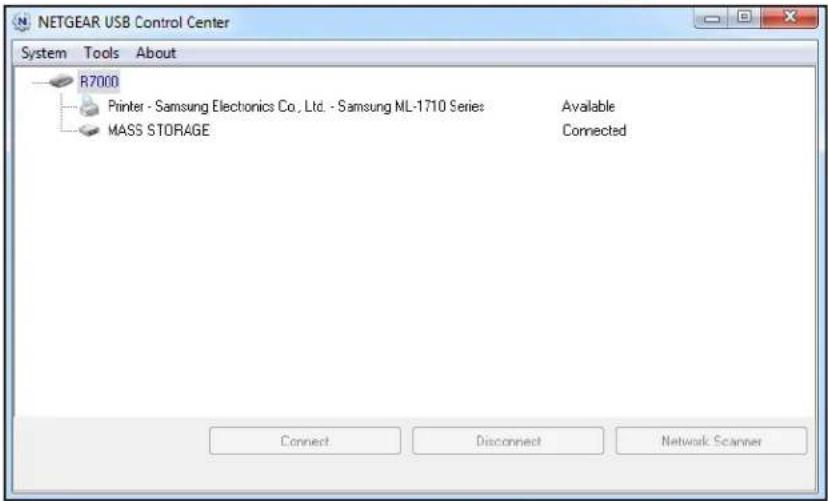 NETGEAR USB Control Center System Tools About R7000 Printer - Samsung Electronics Co., Ltd. - Samsung ML-1710 Series MASS STORAGE Available Connected Connect Disconnect Network Scanner