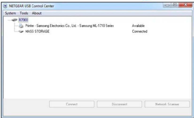 NETGEAR USB Control Center System Tools About R7000 Printer - Samsung Electronics Co., Ltd. - Samsung ML-1710 Series Available MASS STORAGE Connected Connect Disconnect Network Scanner