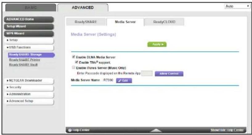 BASIC ADVANCED Auto ADVANCED Home Setup Wizard WPS Wizard Setup USD Functions Ready SHARE Storage Ready SHARE Printer Ready SHARE Vault NETGEAR Downloader Security Administration Advanced Setup ReadySHARE Media Server Enable DLNA Media Server Enable TWc® support. Enable iTunes Server (Music Only) Enter Passcode displayed on the Remote App Allow Control Media Server Name : RT900 Call Help Center ShowSide Help Center