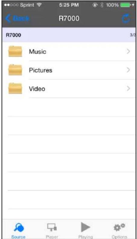 ●●●●● Sprint 5:25 PM @ 100% Back R7000 R7000 3/3 Music > Pictures > Video > Source Player Playing Options