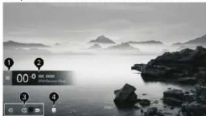 Black-and-white photo of a misty lake with four numbered UI controls and icons, likely a digital interface or navigation system.