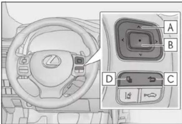 Diagram of car dashboard and steering wheel with labeled control buttons A, B, C, D for vehicle settings