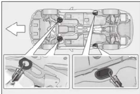 Diagram showing car interior components with labeled parts and close-ups of mechanical linkages and a plug assembly.