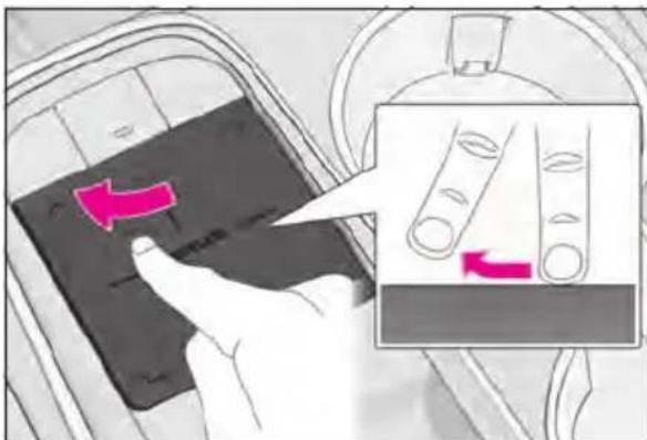 Diagram showing a hand pressing a black object with a pink arrow, alongside an inset image of a finger pressing on a device.