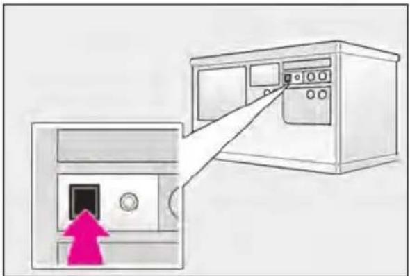 Diagram showing a device with a pink arrow pointing to a control panel, likely illustrating a system or process step.