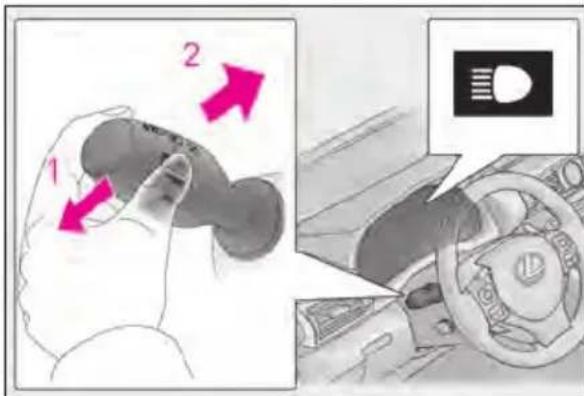 Diagram showing a hand holding a car with two directional arrows labeled '1' and '2', alongside a car interior view with a logo and gear.