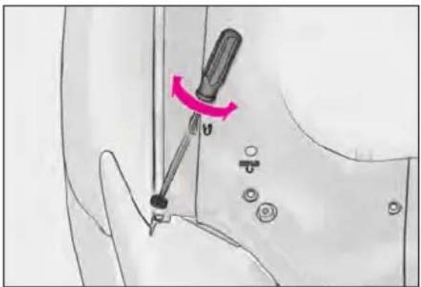 Diagram showing a sewing machine needle insertion mechanism with a pink curved arrow indicating rotation direction
