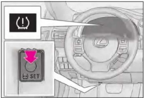 Diagram showing car steering wheel with 'SET' button and warning symbol, highlighting a red arrow pointing to the SET button.