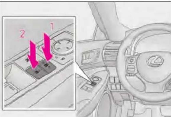 Diagram showing car control panel with labeled buttons and directional arrows, including a magnified view of the dashboard.