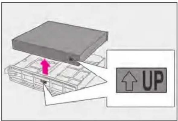 Diagram showing a 3D mechanical component with an upward arrow labeled 'UP' and a pink arrow pointing to it.