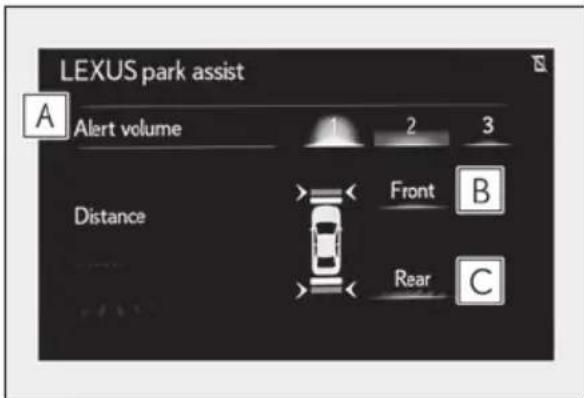 LEXUS park assist A Alert volume 1 2 3 Distance Front B Rear C