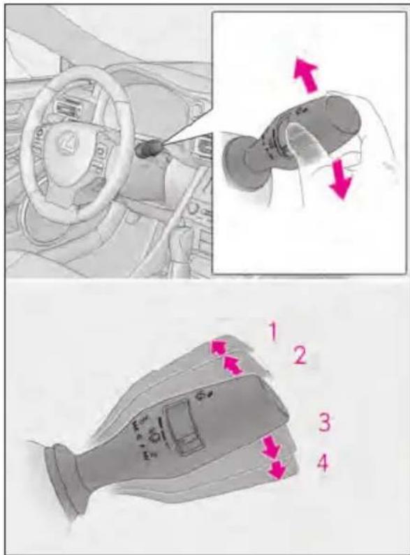Diagram illustrating car steering wheel and dashboard components with numbered parts and directional arrows indicating motion or movement.